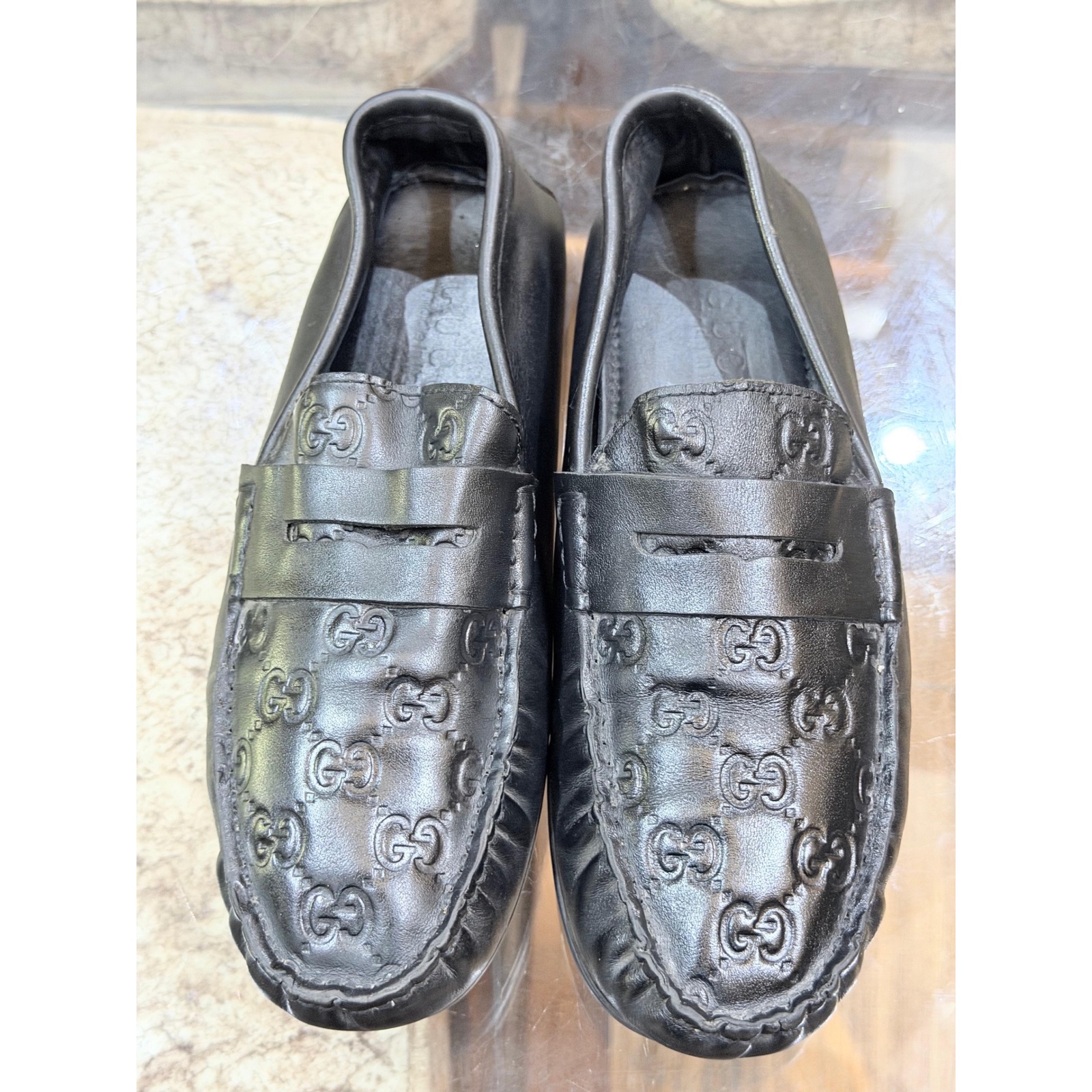 Gucci Mens Black Leather Gg Guccissima Embossed Driving Loafers Size 5 1122123